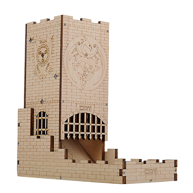 Dice Tower Wooden - Castle Dice Tower with Tray Wood